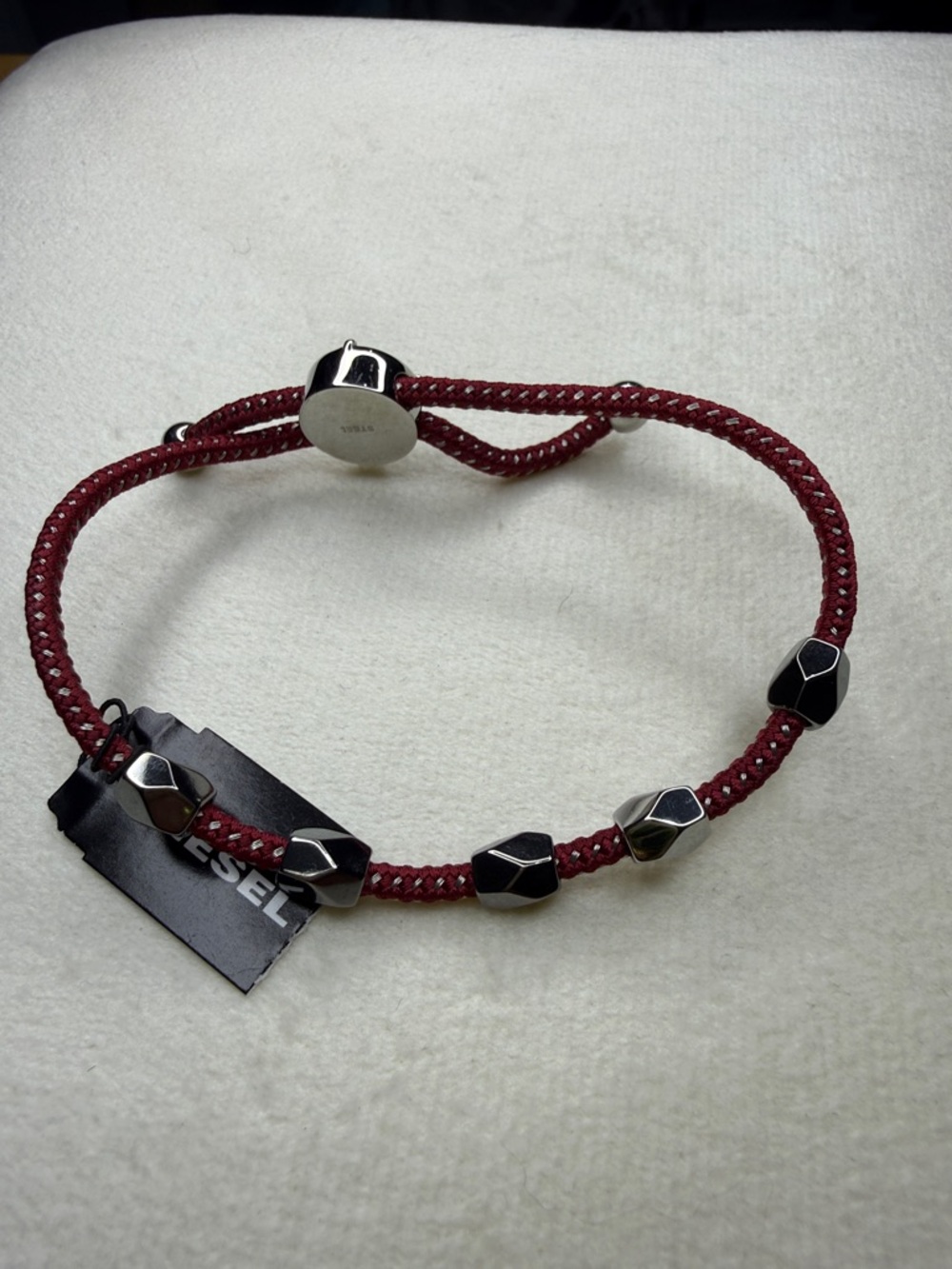 Diesel Burgundy Braided Cord Bracelet with Geometric Silver Beads